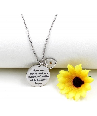 Stainless Steel Round Disc Pendant Christian Faith Mustard Seed Bible Scripture Lettering Necklace Religious Gift Heart-Steel...