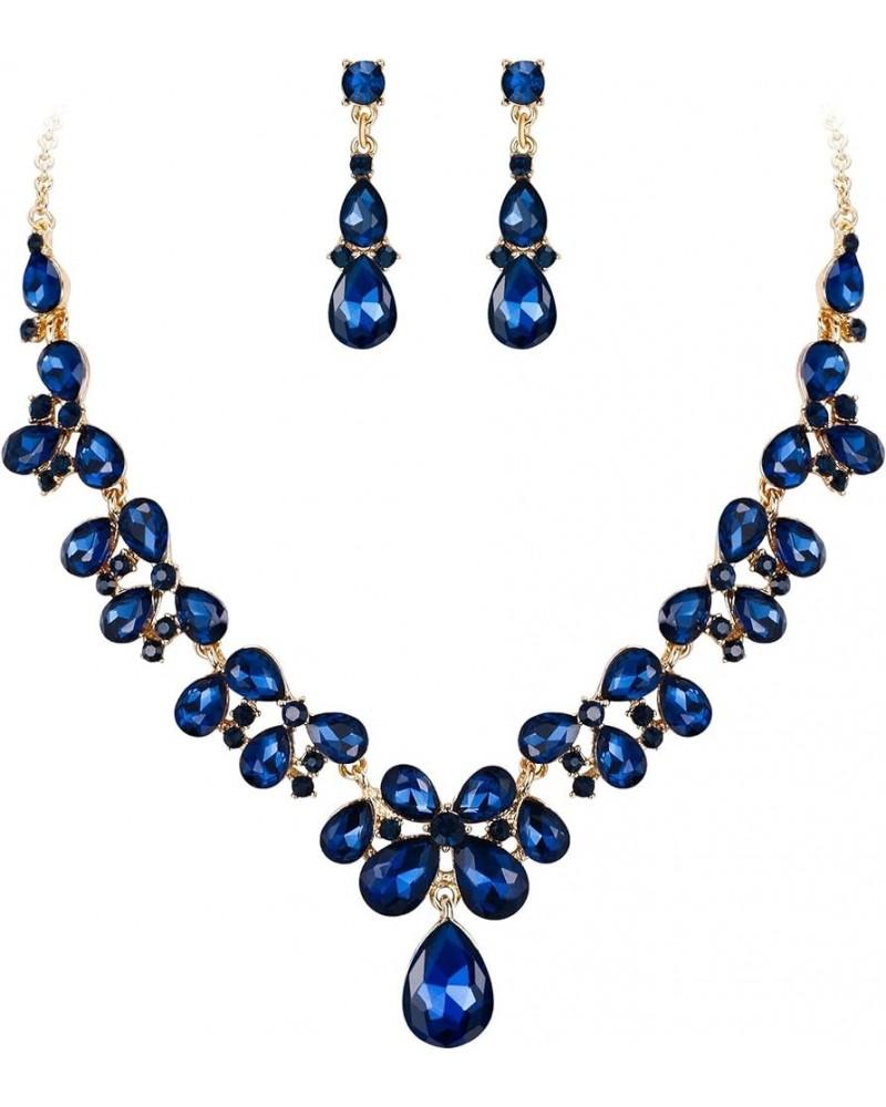 Women's Wedding Bridal Crystal Teardrop Cluster Statement Necklace Dangle Earrings Set 06-Navy Blue Gold-Tone $12.87 Jewelry ...