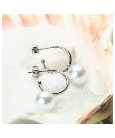 Titanium Earring Charms Dangling, 6mm-12mm Dainty White Pearl Dangle Drop Hoop Earrings for Women Sensitive Ears 12mm white p...