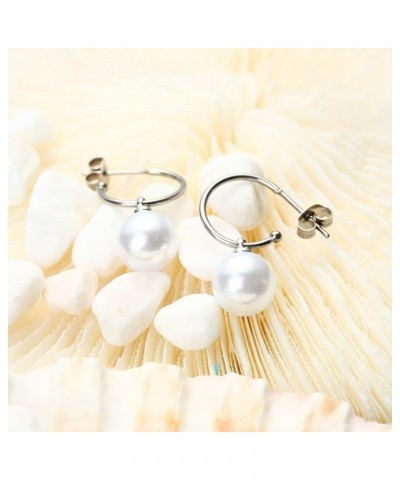 Titanium Earring Charms Dangling, 6mm-12mm Dainty White Pearl Dangle Drop Hoop Earrings for Women Sensitive Ears 12mm white p...