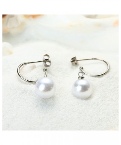 Titanium Earring Charms Dangling, 6mm-12mm Dainty White Pearl Dangle Drop Hoop Earrings for Women Sensitive Ears 12mm white p...