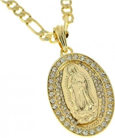 Virgin Mary Gold Plated Oval Medallion Full Iced Immaculate Heart Pendant 24 in Figaro Chain $9.87 Necklaces