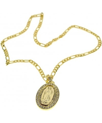 Virgin Mary Gold Plated Oval Medallion Full Iced Immaculate Heart Pendant 24 in Figaro Chain $9.87 Necklaces