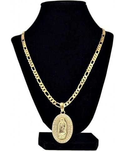 Virgin Mary Gold Plated Oval Medallion Full Iced Immaculate Heart Pendant 24 in Figaro Chain $9.87 Necklaces