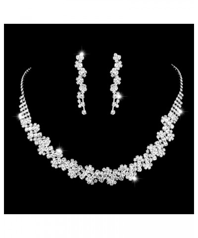 Silver Bride Necklace Earrings Set Crystal Bridal Wedding Jewelry Sets Rhinestone Choker Necklace Prom Costume Jewelry Sets f...