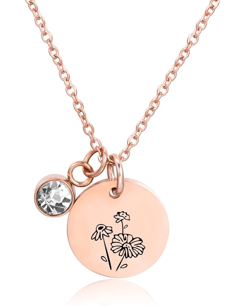 Birth Month Flower Necklace Rose Gold Floral Dainty Necklaces Birthstone Disc Coin Pendant Necklace Birthday Jewelry Gift Apr...