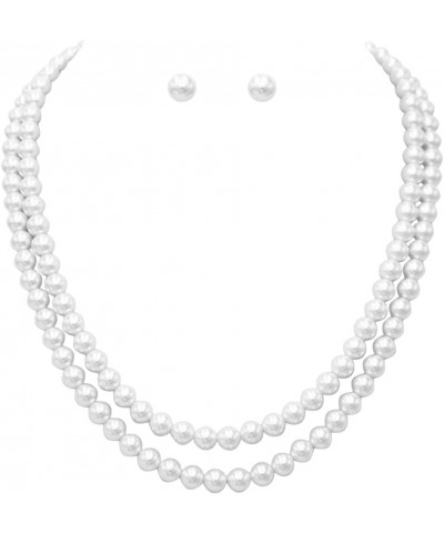 Women's Double Strand Classic Simulated Pearl Necklace And Earring Jewelry Gift Set, 20"+2.5" Extender 8mm, White Pearl Silve...