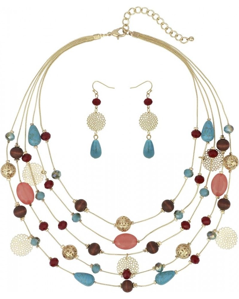 5Layer Multi Color Beaded Illusion Wire Collar Statement Necklace with Earrings for Women N0026-Blue+Wine $11.39 Jewelry Sets