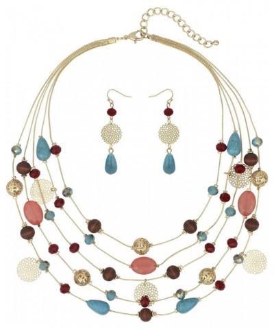 5Layer Multi Color Beaded Illusion Wire Collar Statement Necklace with Earrings for Women N0026-Blue+Wine $11.39 Jewelry Sets