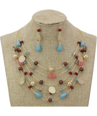 5Layer Multi Color Beaded Illusion Wire Collar Statement Necklace with Earrings for Women N0026-Blue+Wine $11.39 Jewelry Sets