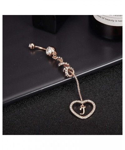 14G Belly Button Ring Dangle with Initials for Women Rose Gold Plated Navel Ring 316L Stainless Steel Heart Pendant Belly Pie...