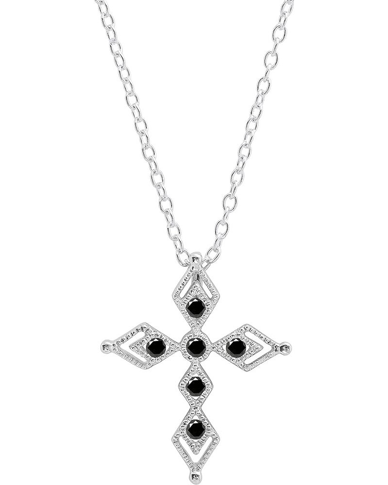 Round Gemstone Ladies Vintage Style Cross Pendant (Silver Chain Included), 925 Sterling Silver Black Diamond in 925 Sterling ...