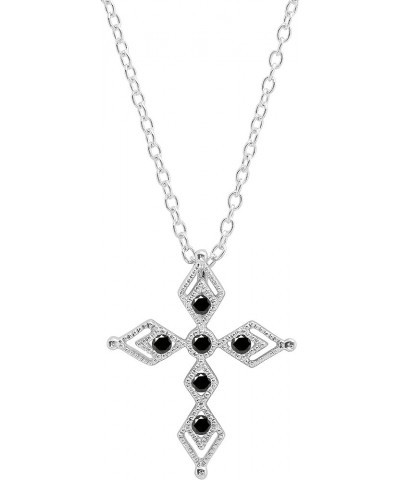 Round Gemstone Ladies Vintage Style Cross Pendant (Silver Chain Included), 925 Sterling Silver Black Diamond in 925 Sterling ...