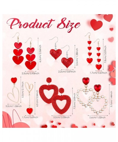 6 Pairs Valentine's Day Earrings for Women Girls Red Heart Dangle Earrings Artificial Pearl Earring Shiny Crystal Beads Earri...