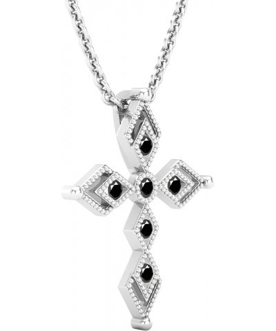 Round Gemstone Ladies Vintage Style Cross Pendant (Silver Chain Included), 925 Sterling Silver Black Diamond in 925 Sterling ...