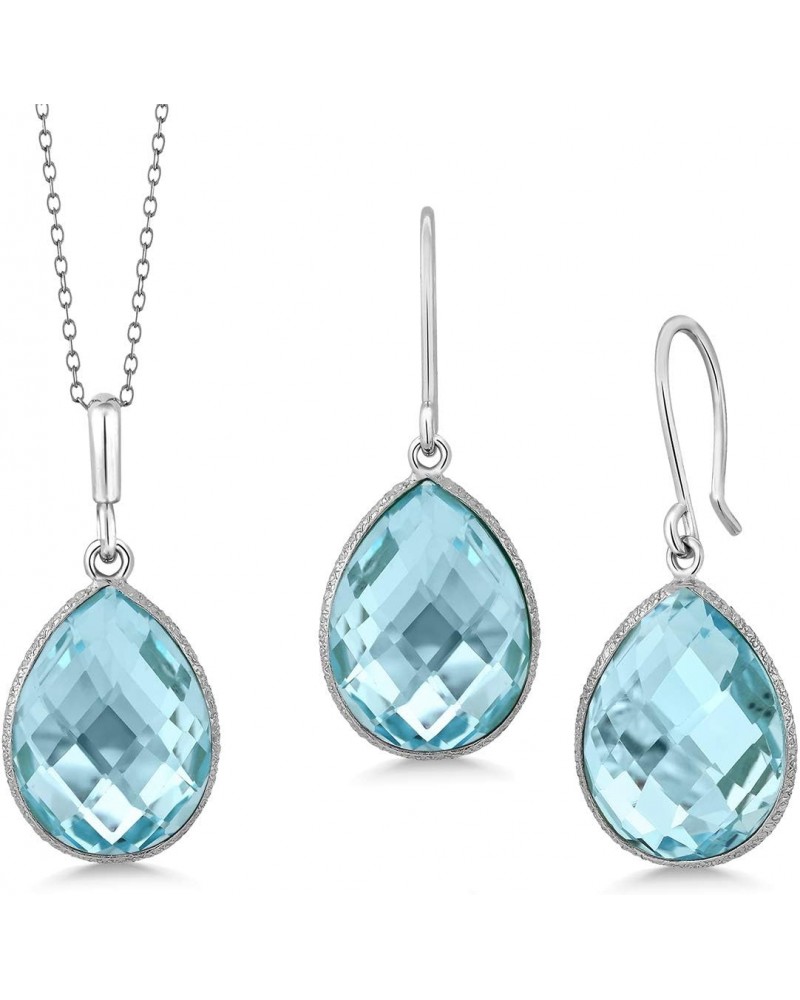 925 Sterling Silver Blue Topaz Pendant and Earrings Jewelry Set For Women (22.50 Cttw Pear Shape 16X12MM Gemstone Birthstone ...