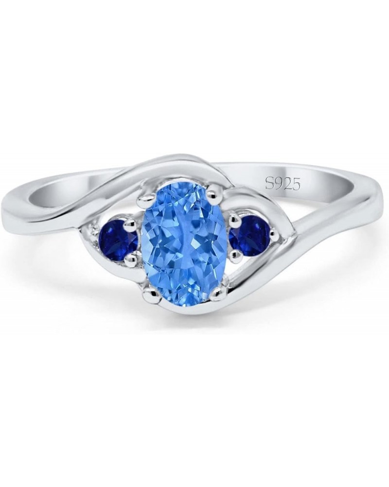 Three Stone Engagement Ring Oval Cut Round Simulated Blue Sapphire Cubic Zirconia 925 Sterling Silver Simulated Blue Topaz CZ...