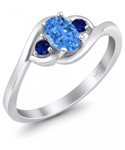 Three Stone Engagement Ring Oval Cut Round Simulated Blue Sapphire Cubic Zirconia 925 Sterling Silver Simulated Blue Topaz CZ...