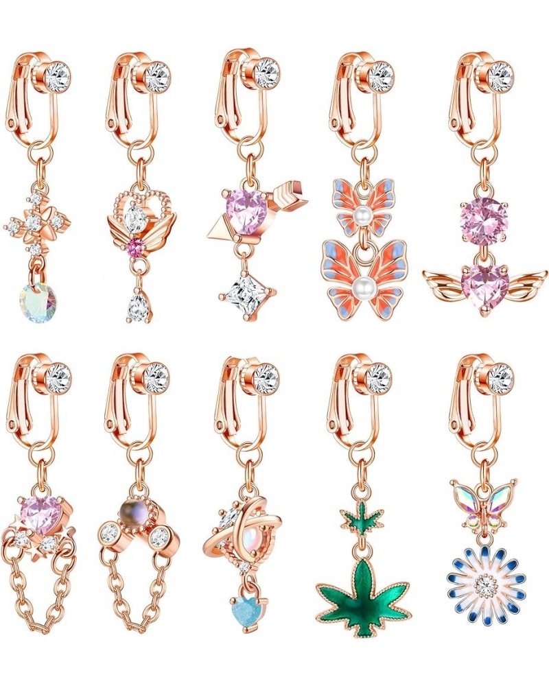 10Pcs Fake Belly Ring Dangle for Women Flower Butterfly CZ Clip on Belly Button Rings Fake Navel Ring Dangle Fake Earrings Fa...