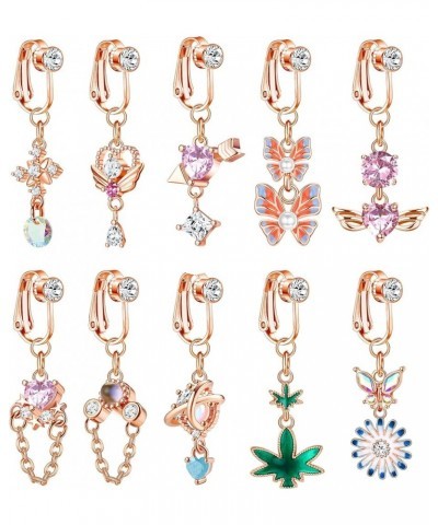 10Pcs Fake Belly Ring Dangle for Women Flower Butterfly CZ Clip on Belly Button Rings Fake Navel Ring Dangle Fake Earrings Fa...