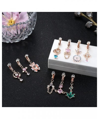 10Pcs Fake Belly Ring Dangle for Women Flower Butterfly CZ Clip on Belly Button Rings Fake Navel Ring Dangle Fake Earrings Fa...