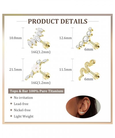 4Pcs 16G G23 Titanium Cartilage Earrings for Women Pure Titanium Flat Back Helix Stud Earrings for Sensitive Ear Flower Snake...