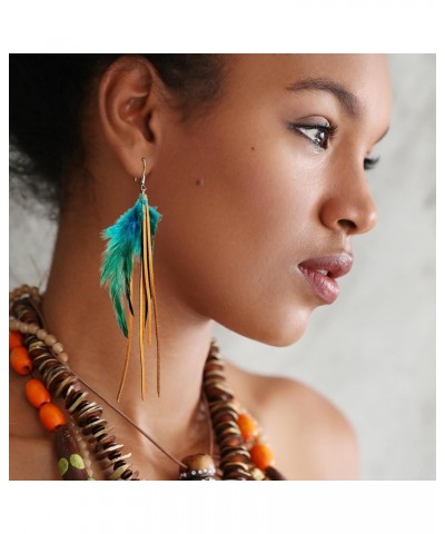 Boho Leather Feather Tassel Fringe Earrings for Women Girls Handmade Cowgirl Earring Dangling Western Style Bohemian Ethnic S...