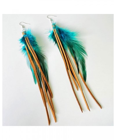 Boho Leather Feather Tassel Fringe Earrings for Women Girls Handmade Cowgirl Earring Dangling Western Style Bohemian Ethnic S...