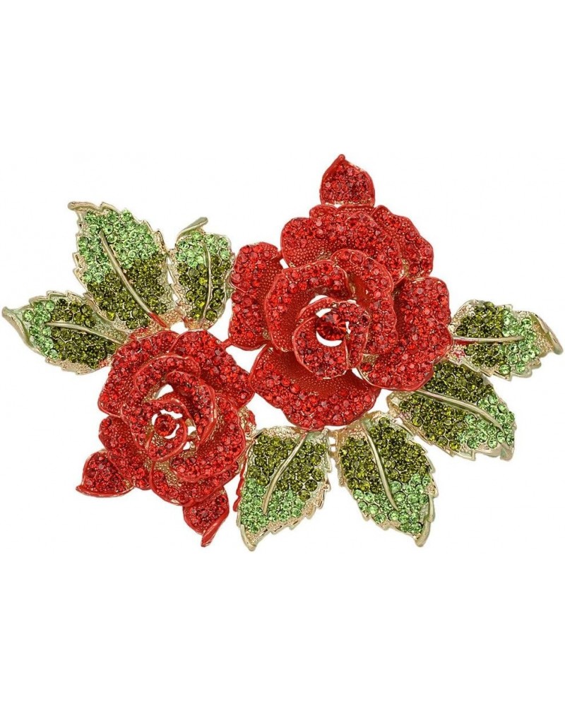 Women's Austrian Crystal Bridal 2 Rose Flower Plant Brooch for Bride, Women, Sister Red Gold-Tone $13.06 Brooches & Pins