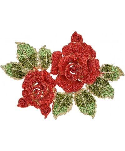 Women's Austrian Crystal Bridal 2 Rose Flower Plant Brooch for Bride, Women, Sister Red Gold-Tone $13.06 Brooches & Pins