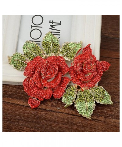 Women's Austrian Crystal Bridal 2 Rose Flower Plant Brooch for Bride, Women, Sister Red Gold-Tone $13.06 Brooches & Pins