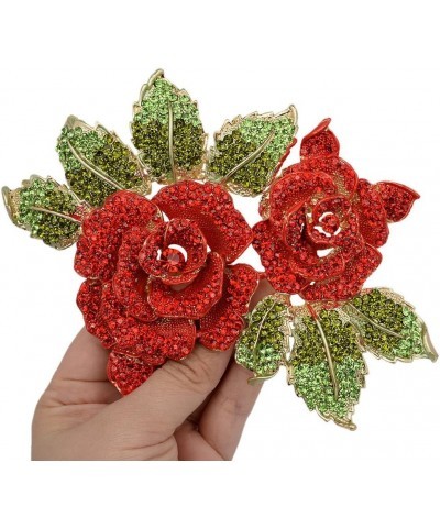 Women's Austrian Crystal Bridal 2 Rose Flower Plant Brooch for Bride, Women, Sister Red Gold-Tone $13.06 Brooches & Pins