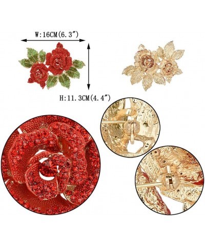 Women's Austrian Crystal Bridal 2 Rose Flower Plant Brooch for Bride, Women, Sister Red Gold-Tone $13.06 Brooches & Pins