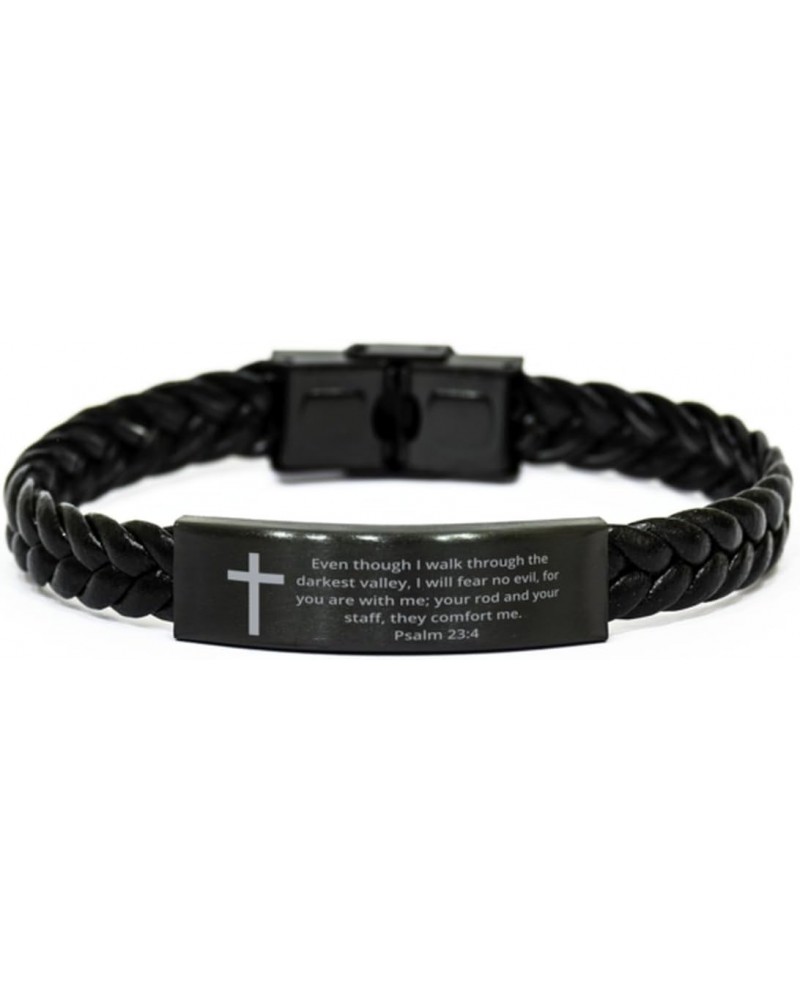 Christian Bible Verse Braided Leather Bracelet, Psalm 23:4 inspirational Encouragement Gifts Faith Engraved Stainless Steel A...