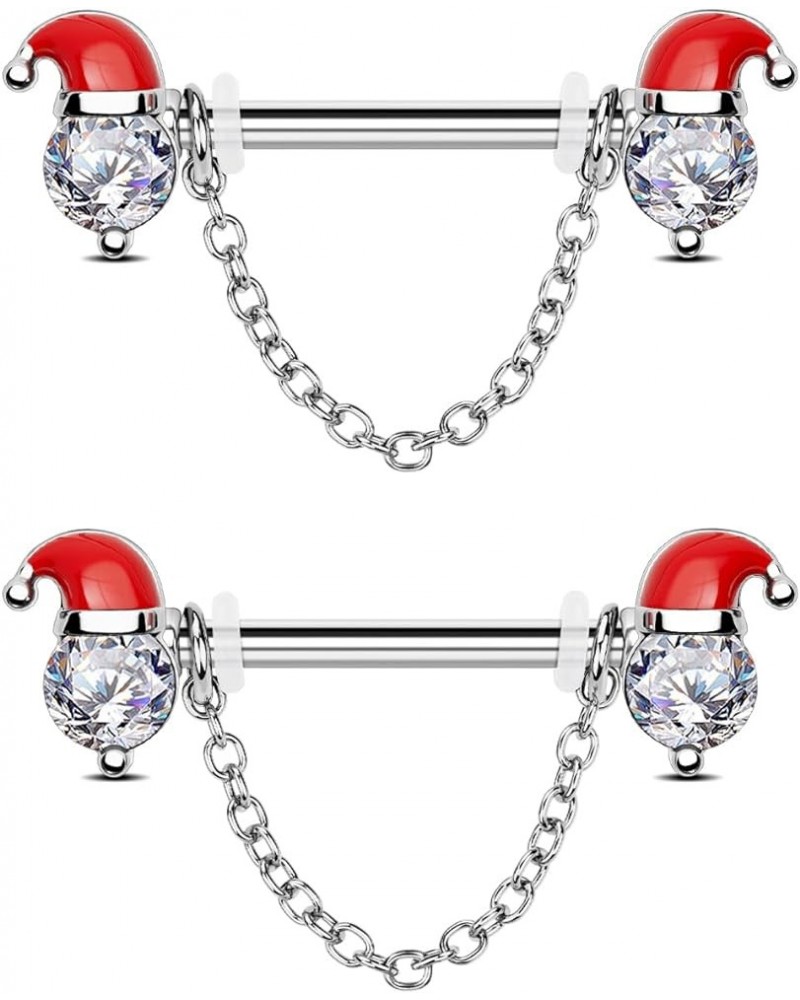 2PCS Christmas Nipple Rings, Nipple Piercing Jewelry Surgical Steel, Santa Claus Chain Nipple Jewelry, Clear CZ Nipple Rings ...