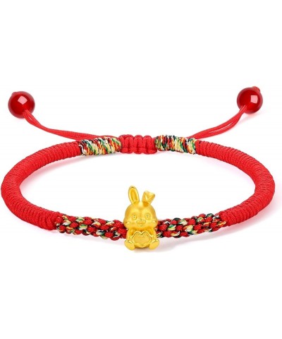 Real Gold Charm Bracelets for Women, Adjustable Lucky Rabbit 24K Solid Gold Jewelry Braided Red Bracelet, Fortune Rabbit Char...