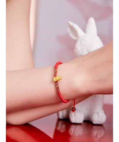 Real Gold Charm Bracelets for Women, Adjustable Lucky Rabbit 24K Solid Gold Jewelry Braided Red Bracelet, Fortune Rabbit Char...