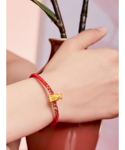 Real Gold Charm Bracelets for Women, Adjustable Lucky Rabbit 24K Solid Gold Jewelry Braided Red Bracelet, Fortune Rabbit Char...