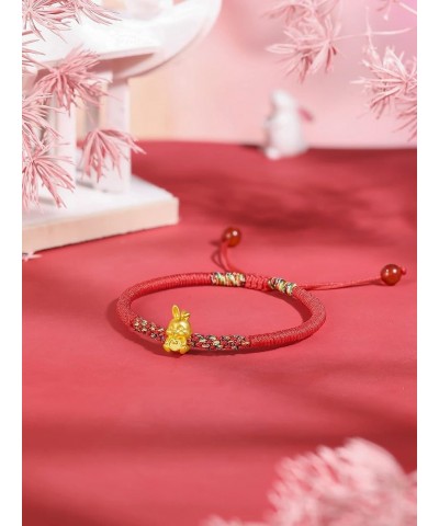 Real Gold Charm Bracelets for Women, Adjustable Lucky Rabbit 24K Solid Gold Jewelry Braided Red Bracelet, Fortune Rabbit Char...