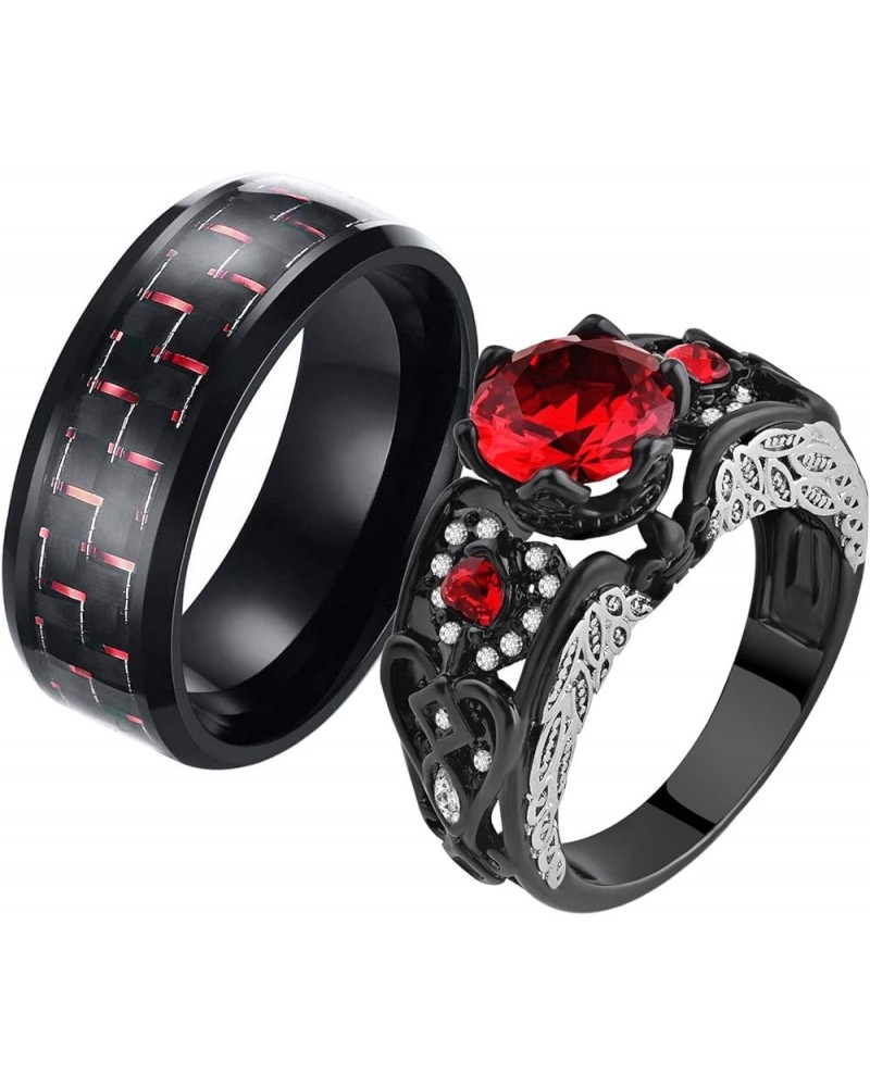 2 Rings Couple Rings Bridal Sets Black Rings Red Cz Womens Wedding Ring Wing Ring Titanium Steel Man Wedding Bands Red women ...