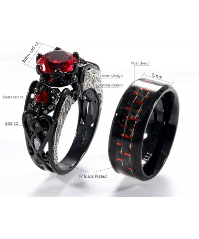 2 Rings Couple Rings Bridal Sets Black Rings Red Cz Womens Wedding Ring Wing Ring Titanium Steel Man Wedding Bands Red women ...