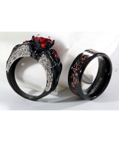 2 Rings Couple Rings Bridal Sets Black Rings Red Cz Womens Wedding Ring Wing Ring Titanium Steel Man Wedding Bands Red women ...