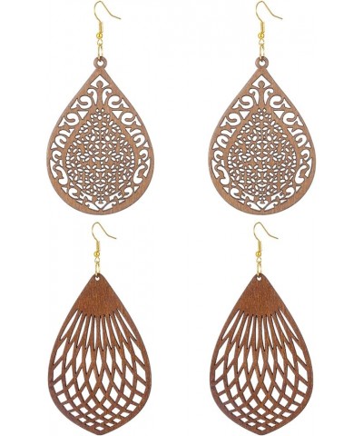 Wood Earrings for Women Natural Wooden Drop Dangle Earring 2 Pairs Lightweight Waterdrop Earring Set Brown $8.04 Earrings