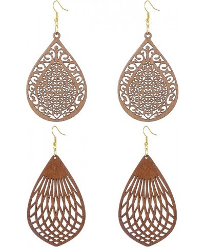 Wood Earrings for Women Natural Wooden Drop Dangle Earring 2 Pairs Lightweight Waterdrop Earring Set Brown $8.04 Earrings