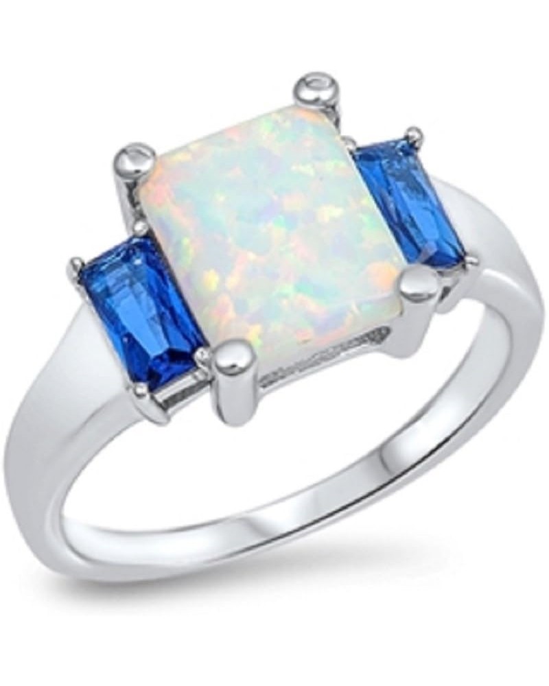 Princess Center Cubic Zirconia Simulated Opal Ring 925 Sterling Silver White Simulated Opal & Simulated Sapphire $15.10 Rings