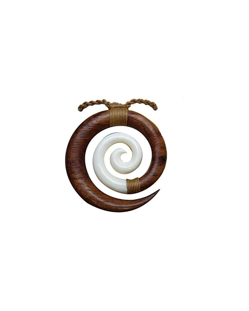 Hand Carved Natural Hawaii Koa Wood & Buffalo Bone Koru Spiral Wave Unfurling Fern Pendant Knotted w/Adjustable Brown Hemp Co...