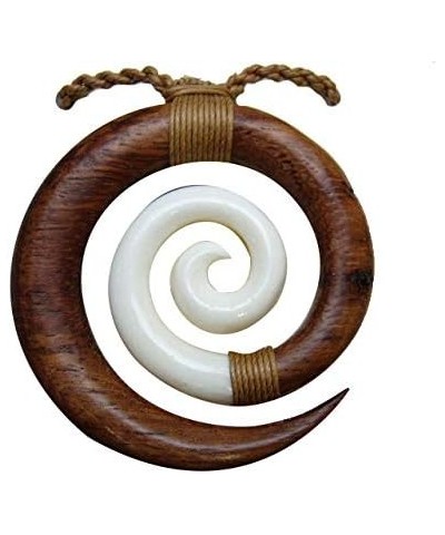 Hand Carved Natural Hawaii Koa Wood & Buffalo Bone Koru Spiral Wave Unfurling Fern Pendant Knotted w/Adjustable Brown Hemp Co...