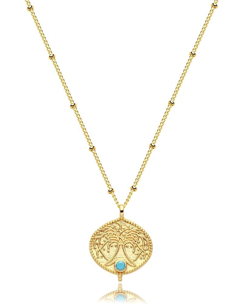 Gold Tree of Life Pendant Necklace 18K Gold Plated Dainty Turquoise Four Leaf Clover Coin Necklaces for Women Simple Cubic Zi...