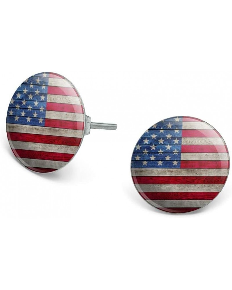 Rustic American Flag Wood Grain Design Novelty Silver Plated Stud Earrings $9.34 Earrings