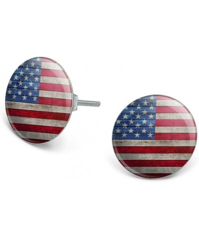 Rustic American Flag Wood Grain Design Novelty Silver Plated Stud Earrings $9.34 Earrings